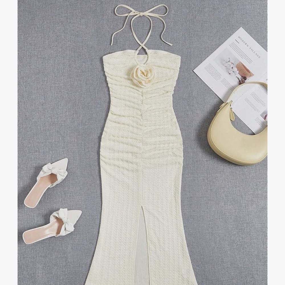 Elegant Cream Halter Dress with Floral Detail